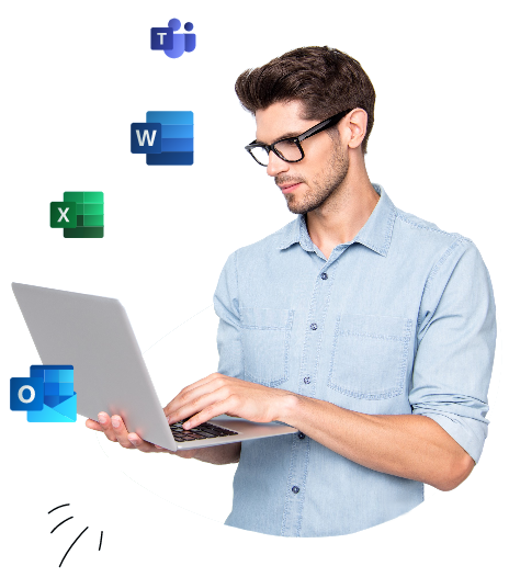 Hombre en una computadora portátil con iconos de MS Office flotando a su alrededor